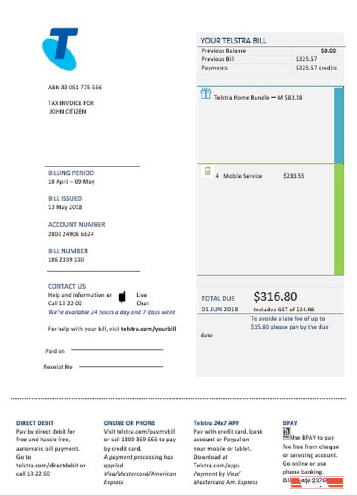 Australia Telstra telecommunications utility bill